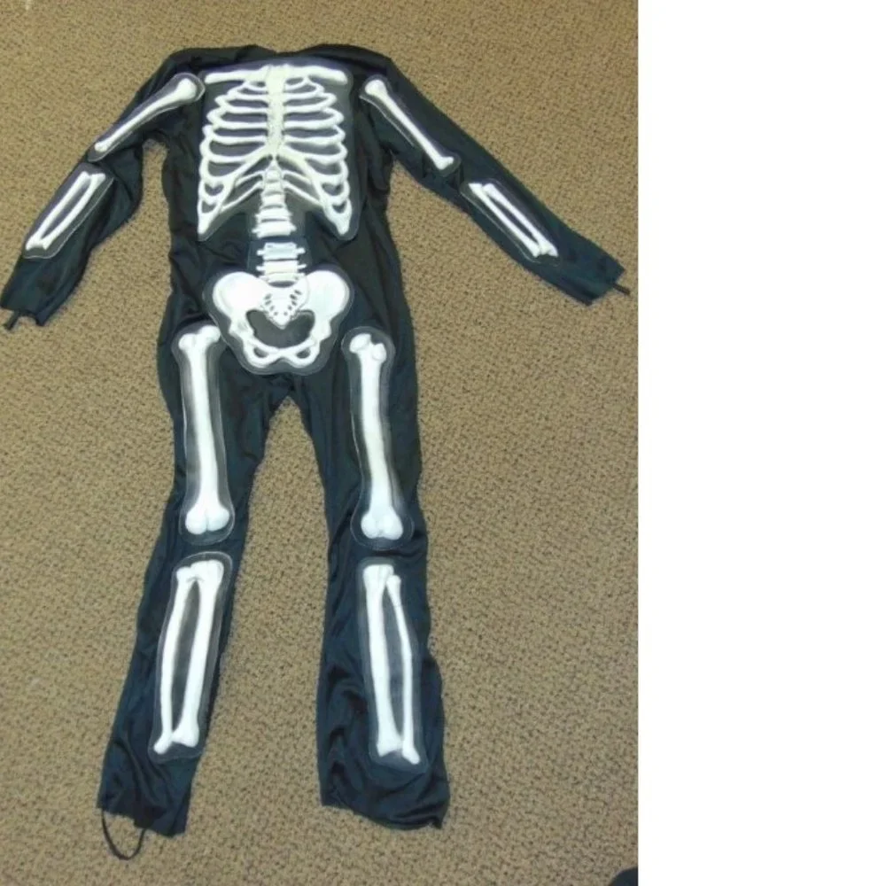Skeleton Halloween Costume 12/14 White Skelebones 3-D Jumpsuit, Mask 6 Pc Boys